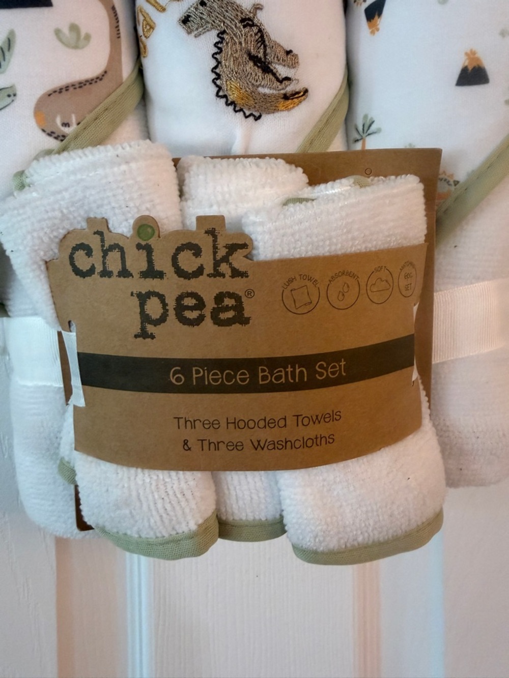 chick pea Baby Hooded Towel & Washcloth Set - White with Sage and Gold Accents - Picture 2 of 3
